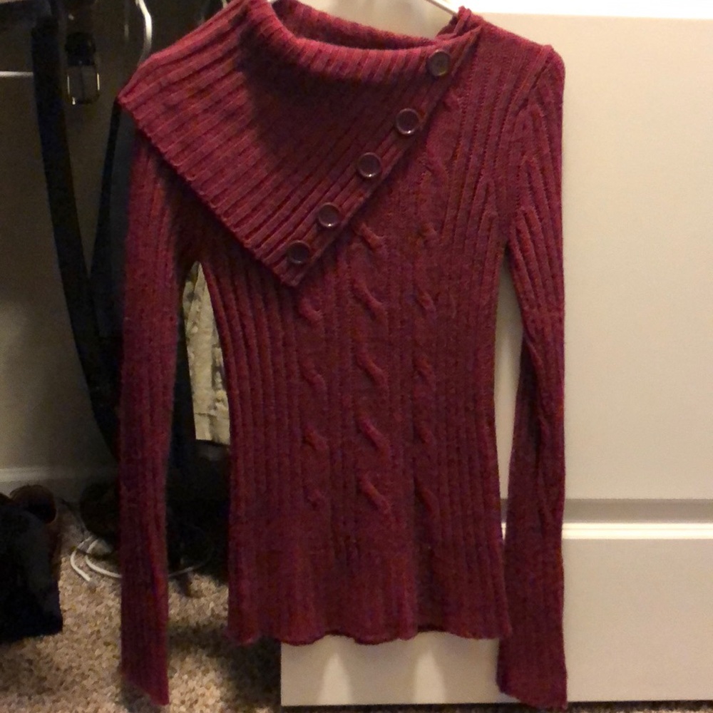 Maroon Buttoned Cowl Neck Sweater